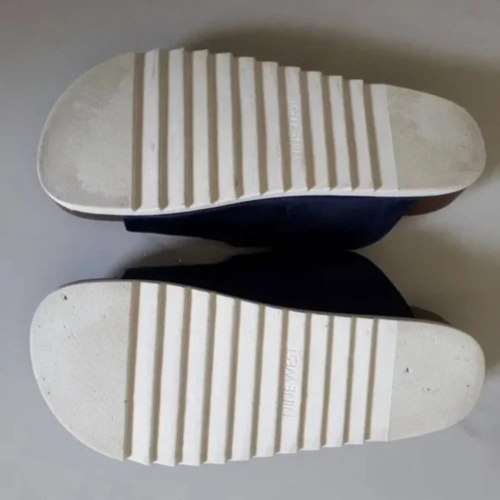 Nine West navy Satin slides with diamanté buckle, "I'll Wait" slide EUC - Picture 4 of 6